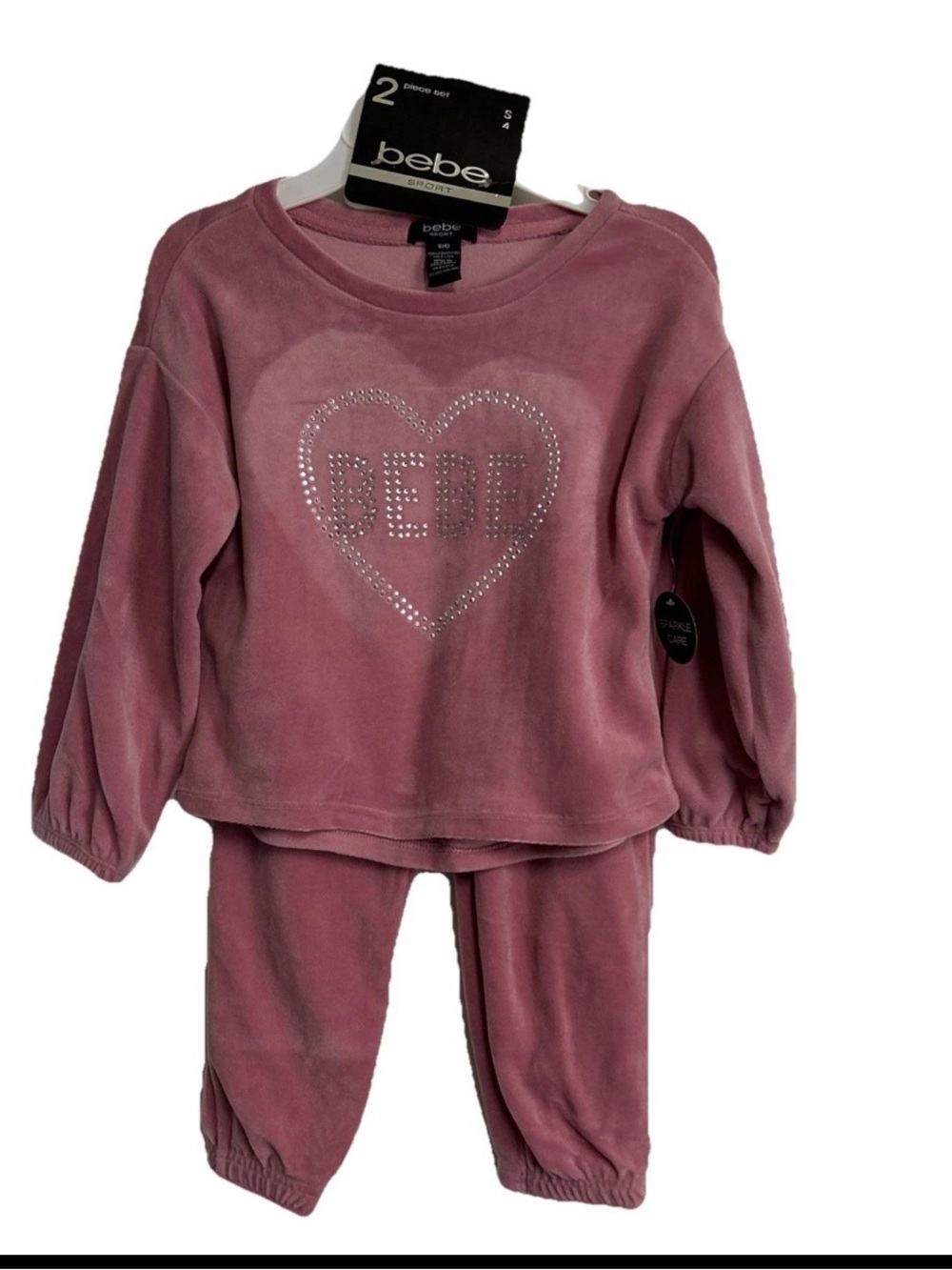 New BEBE 2 Piece Velour Rose Blush Toddler Size 4 Sweatsuit Cozy Rhinestone